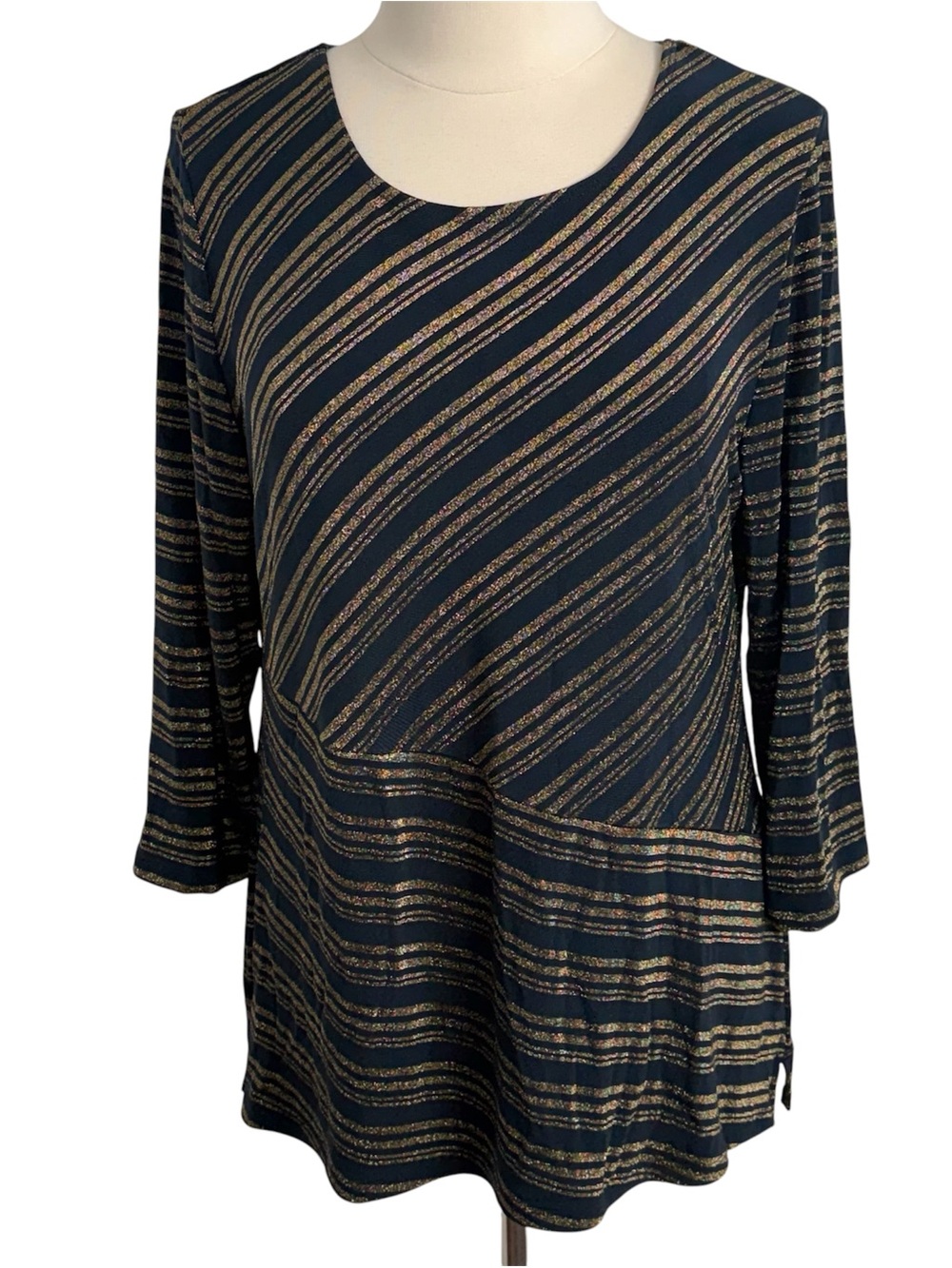 Travelers by Chico's Women's 3/4 Sleeve Slinky Knit Tunic Top Navy&Metallic Gold